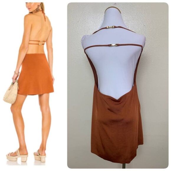 Cult Gaia Leslie Knit Mini Open Back Dress Large in Spice Brown $318 - Picture 2 of 10